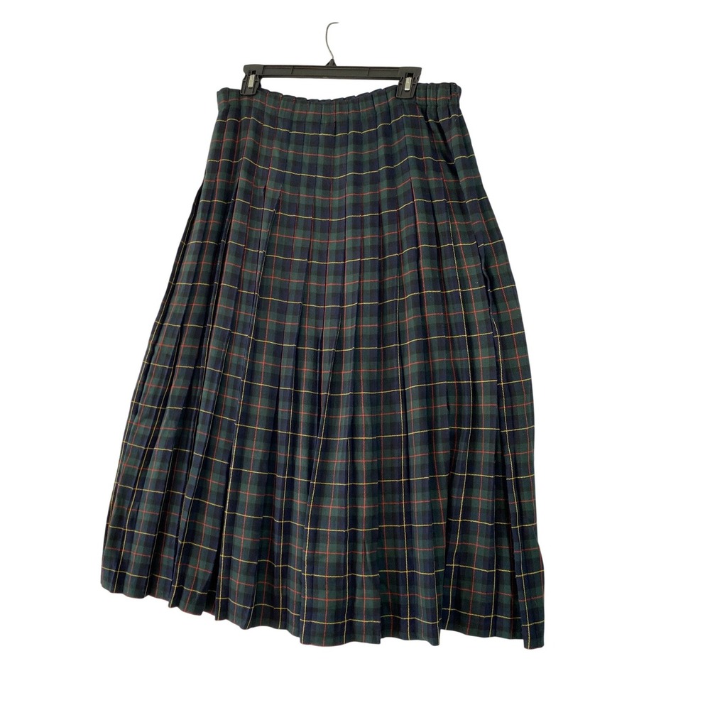 Marisa Christina Pleated Skirt Womens Medium Green Plaid Wool Blend Midi USA